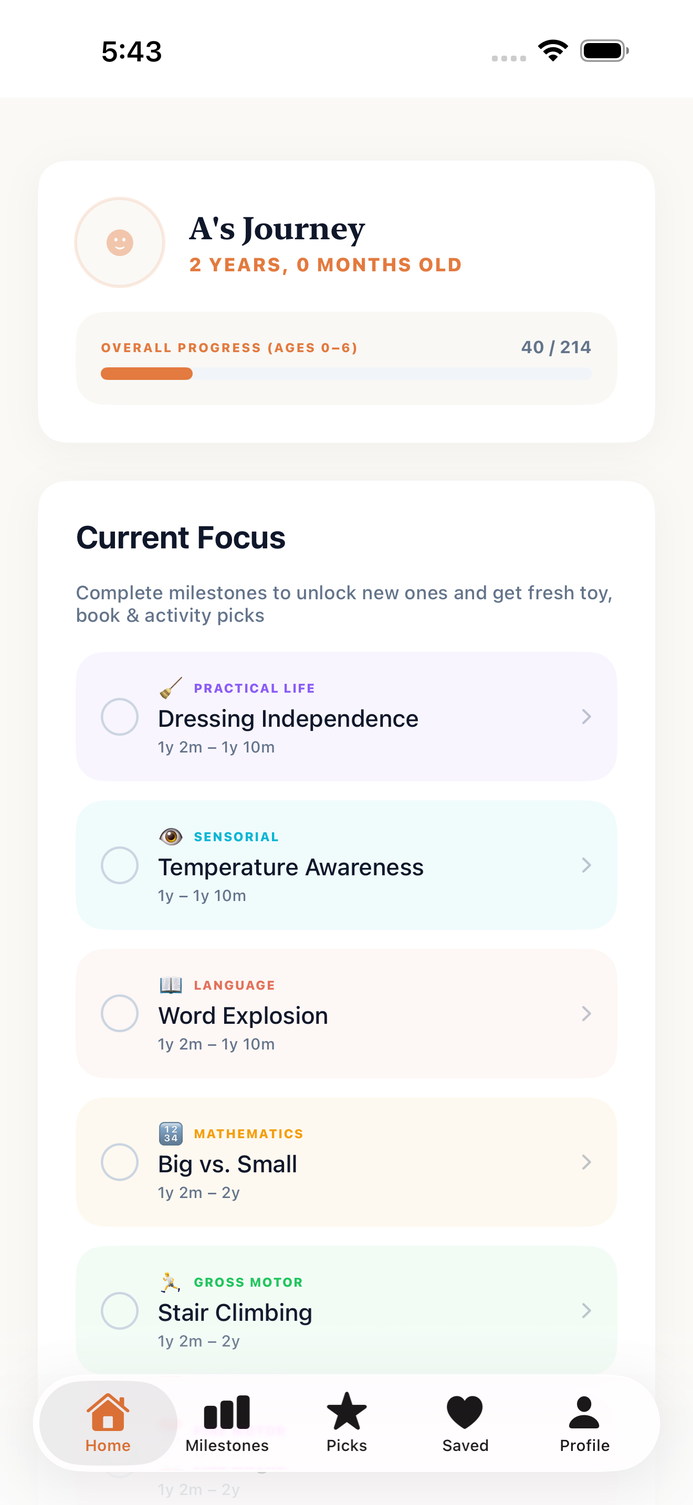 TinyMinds home screen showing a child's developmental journey at a glance